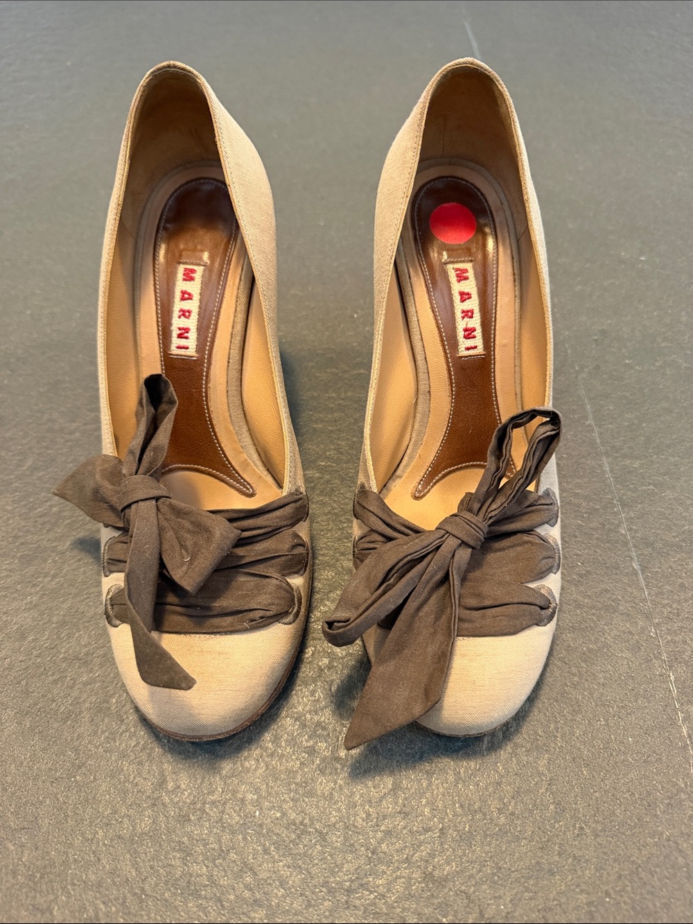 Marni Vintage Beige Canvas Pumps with Brown Bow Accents